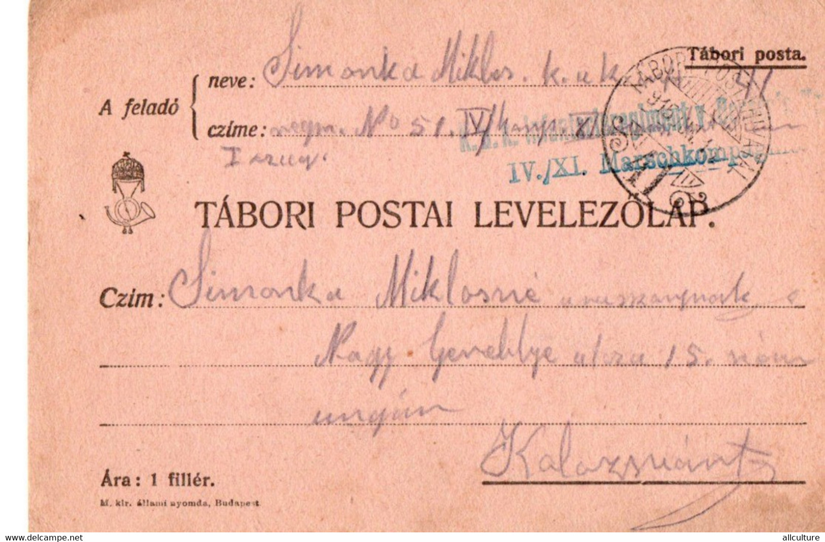 A136 -  TABORI POSTAI LEVELEZOLAP STAMP INFANTERIEREGIMENT TO KOLOSVAR CLUJ ROMANIA 1WW 1915 - WO1