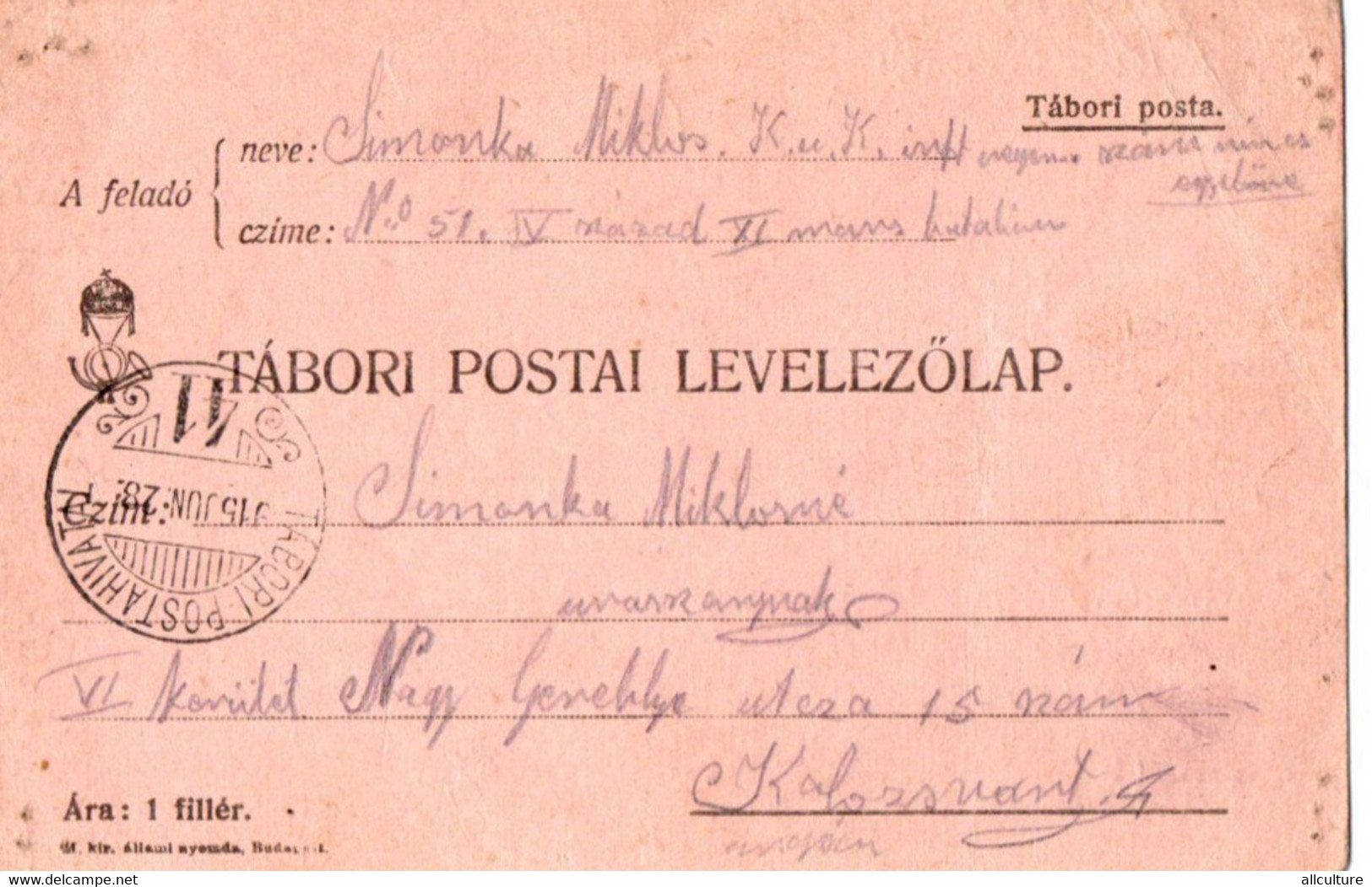 A138 -  TABORI POSTAI LEVELEZOLAP STAMP  TO KOLOSVAR CLUJ APAHIDA ROMANIA 1WW 1915 - 1. Weltkrieg (Briefe)