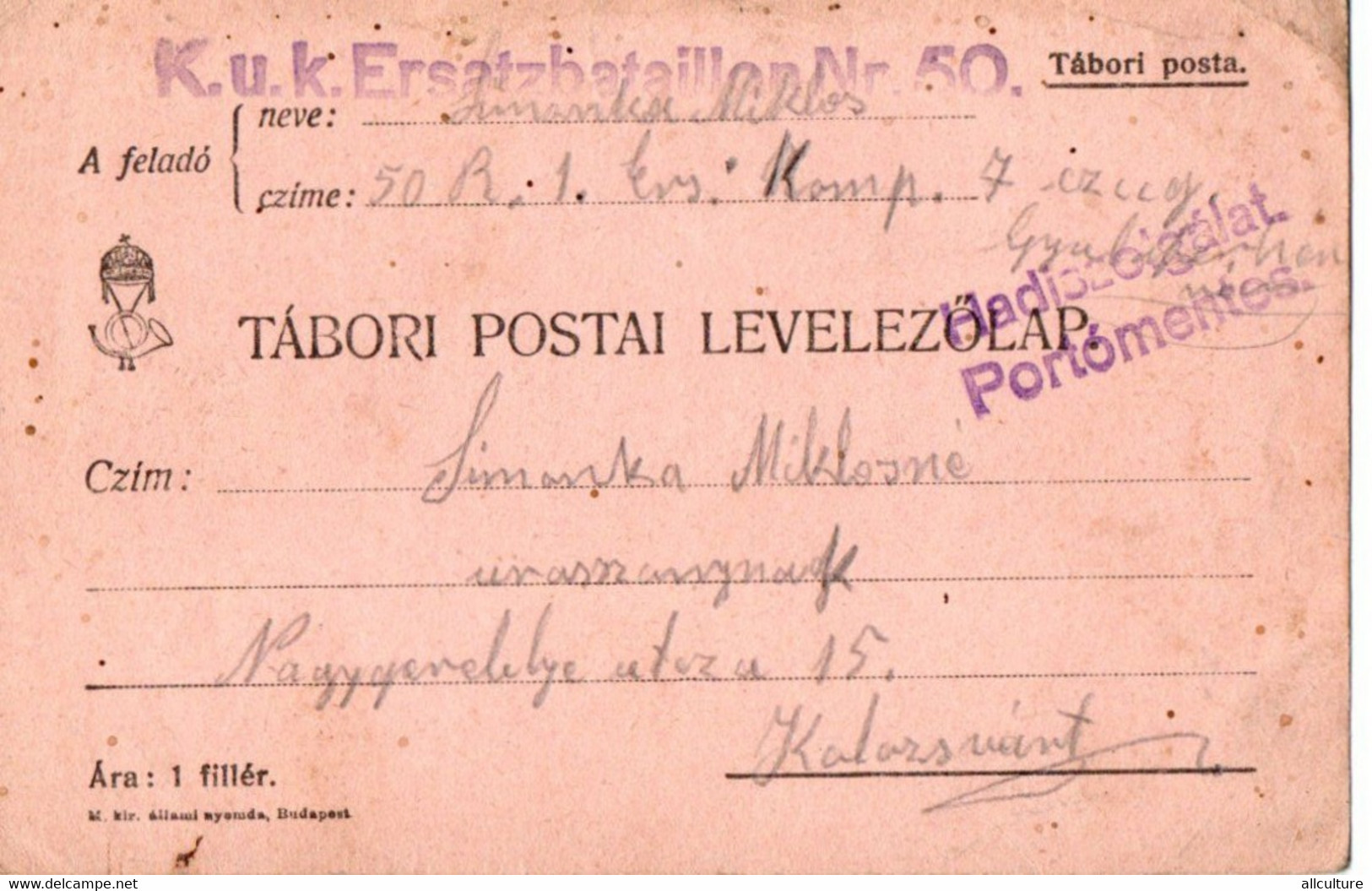 A139  -  TABORI POSTAI LEVELEZOLAP ERSATZBATAILLON NR. 50 STAMP  TO KOLOSVAR CLUJ  ROMANIA 1WW 1917 - 1. Weltkrieg (Briefe)