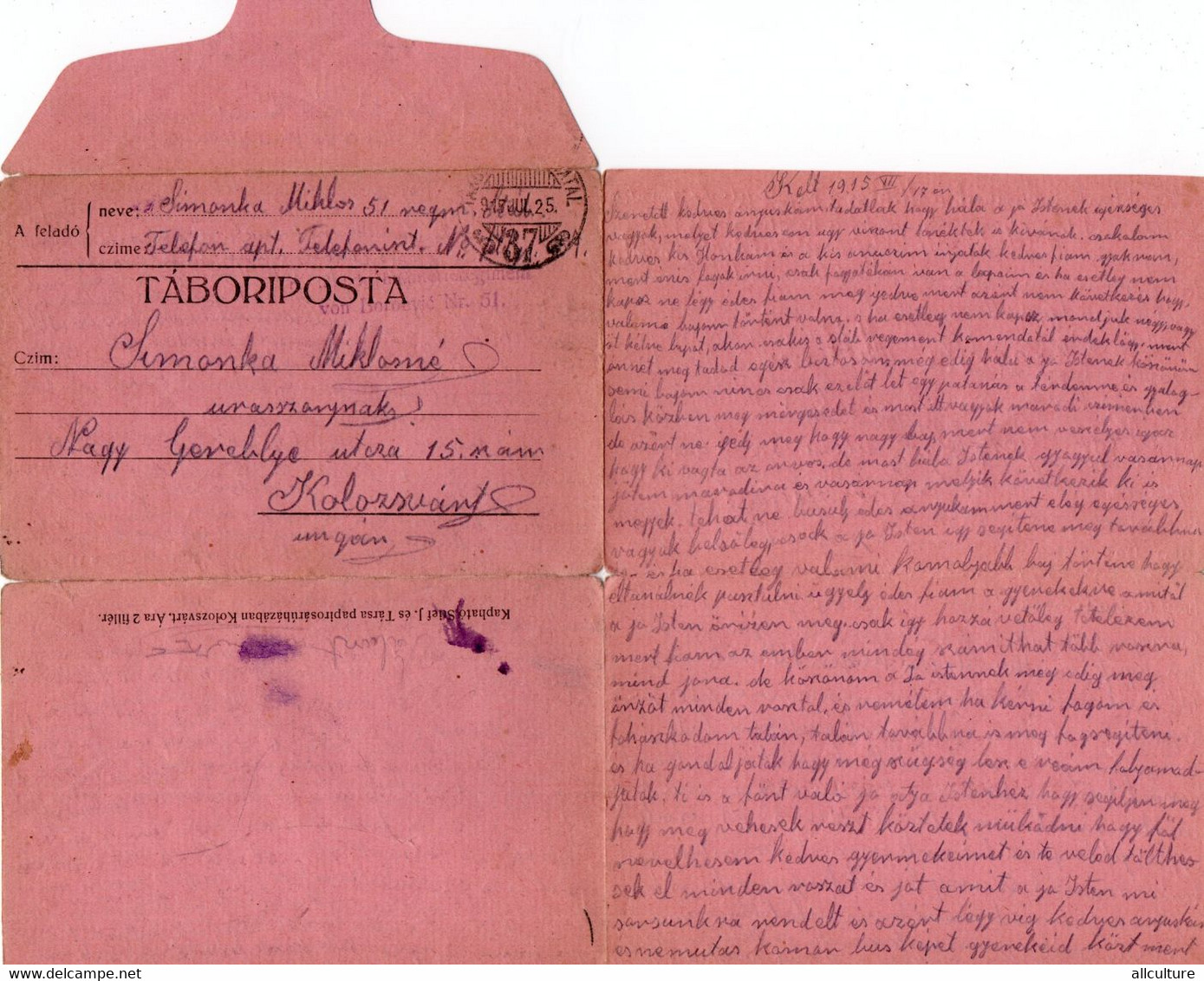 A146 -  TABORIPOSTA LETTER  INFANTERIEREGIMENT  STAMP  TO KOLOSVAR CLUJ  ROMANIA 1WW 1915 - 1. Weltkrieg (Briefe)