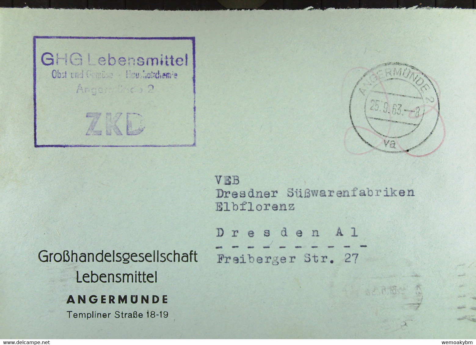 Fern-Brf Mit ZKD-Kastenst"GHG Lebensmittel Obst Und Gemüse Haushaltschemie Angermünde" 25.9.63 An VEB Dresdener Süßwaren - Other & Unclassified