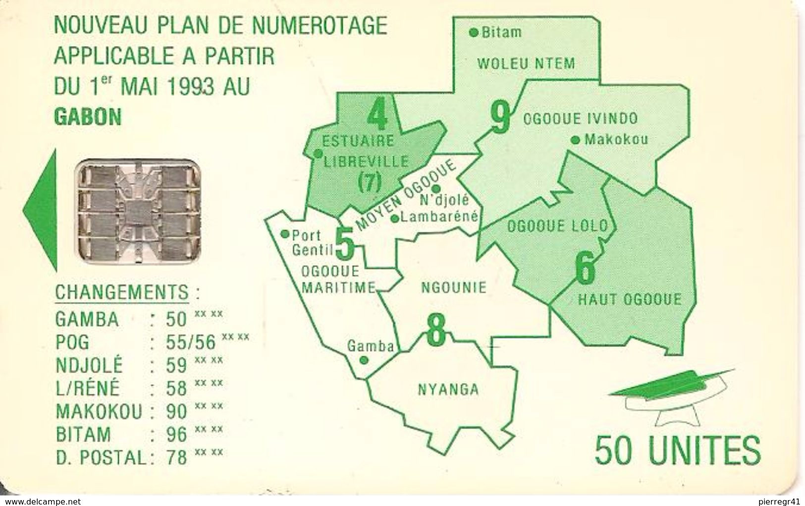 CARTE-PUCE-GABON-50U-SC7- CARTE-VERT -PLAN NUMEROTAGE-V° Sans N°-TBE - Gabun