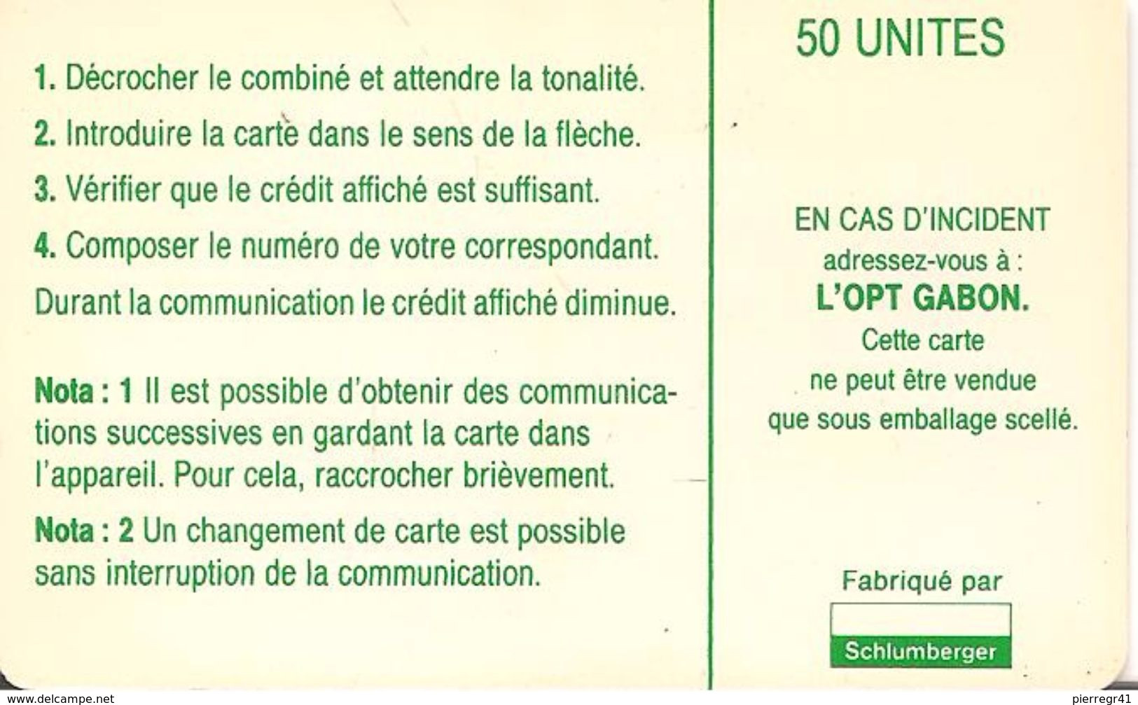 CARTE-PUCE-GABON-50U-SC7- CARTE-VERT -PLAN NUMEROTAGE-V° Sans N°-TBE - Gabun