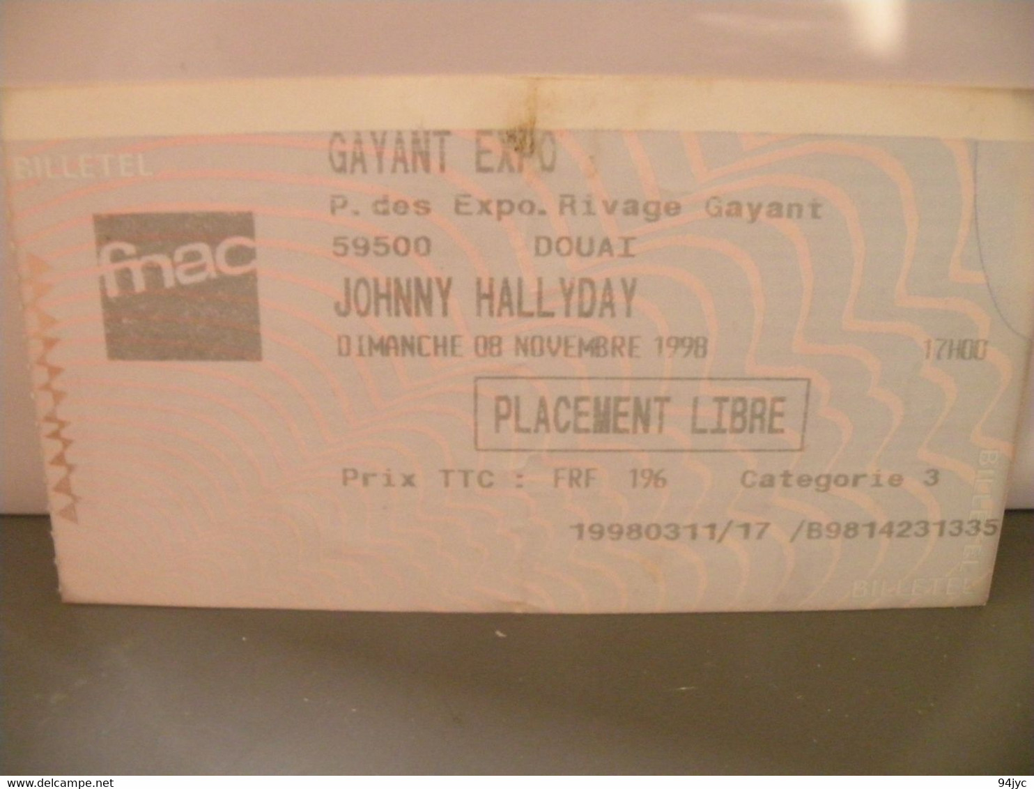 Billet Ticket Concert J Hallyday Douai 8/11/1998 - Concerttickets