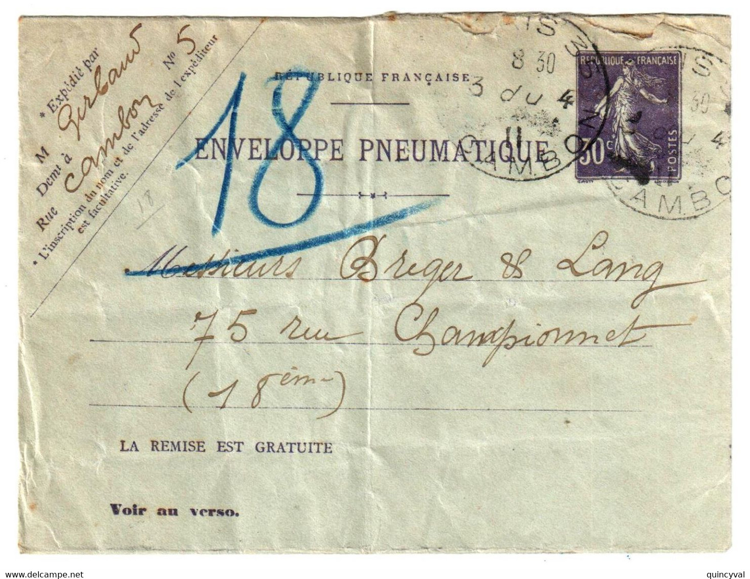 PARIS 35 R Cambon Enveloppe Entier Pneumatique 30c Semeuse Violet 20 Villes Au Verso Yv EPP2 Ob 3 4 1911 Type Du - Rohrpost