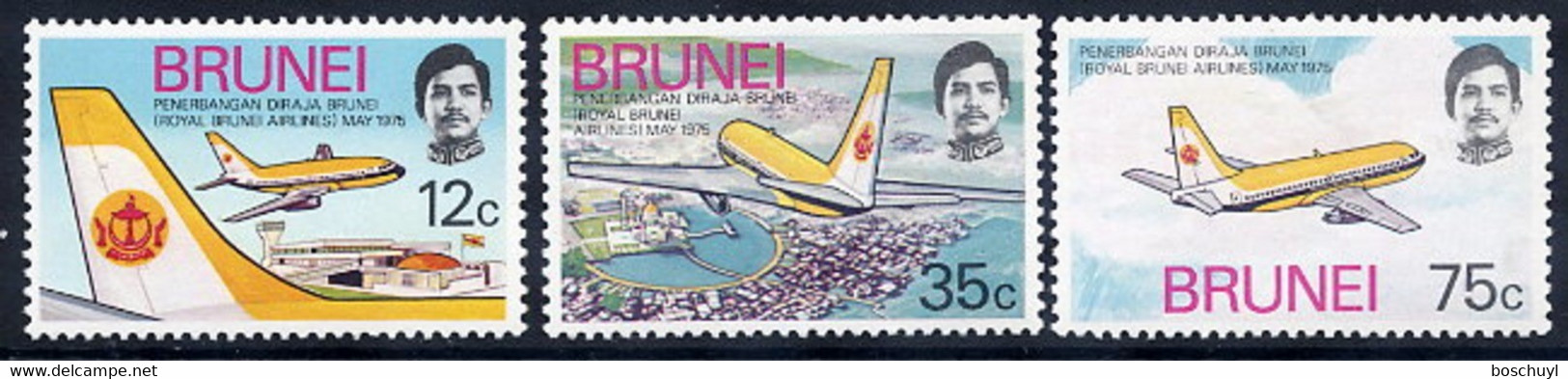 Brunei, 1975, Royal Airlines, Airplanes, Aviation, MNH, Michel 211-213 - Brunei (...-1984)
