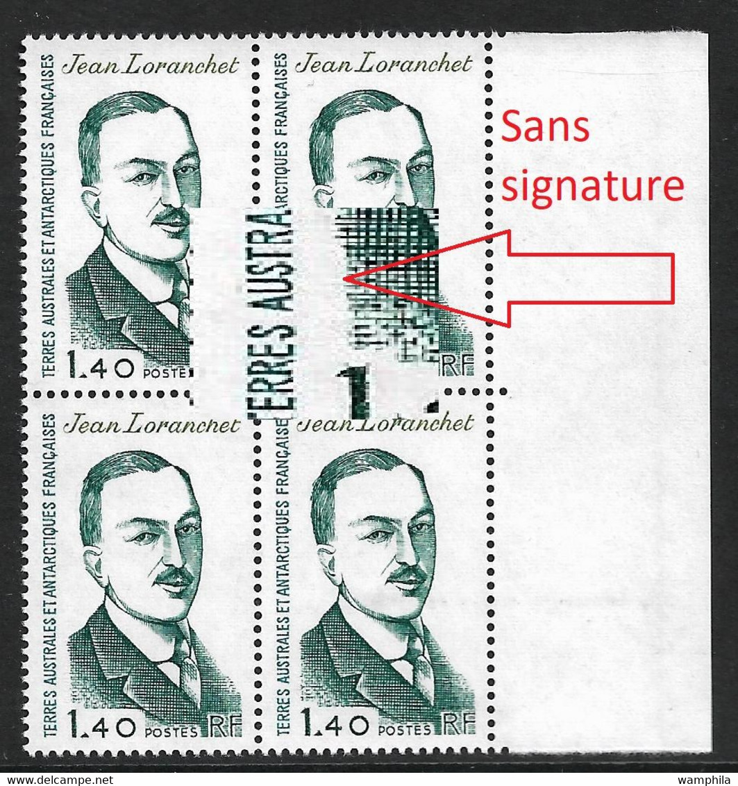 T.A.A.F .N°94a** 4 Variétés Dans Un Bloc De 4, Sans Signature Du Graveur. Cote 168€. - Imperforates, Proofs & Errors