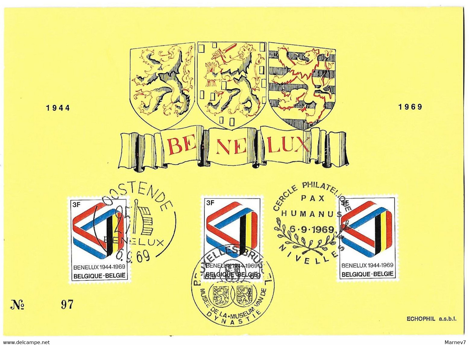 Belgique - 06 09 1969 - Yvert 1500 - 25 Ans Bénélux - Cad Ostende Bruxelles Nivelles - Encart Numéroté - Brieven En Documenten