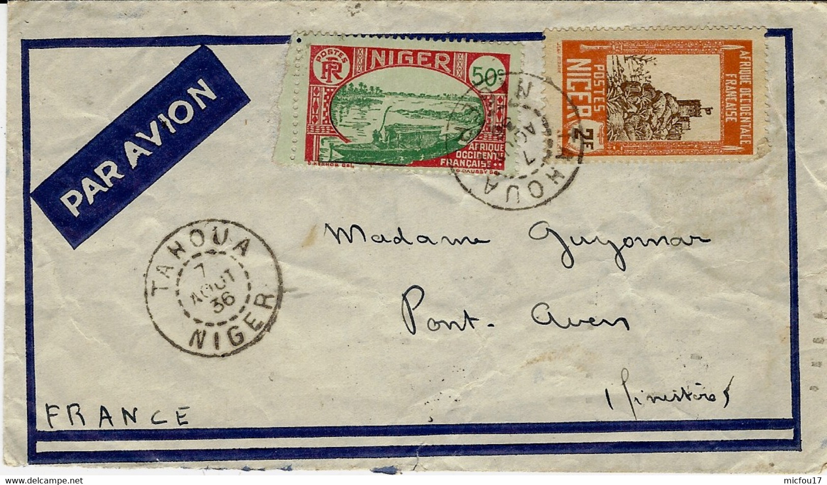 1936- Enveloppe Par Avion Affr. 2,50 F De TAHOUA / NIGER   Pour La France - Lettres & Documents