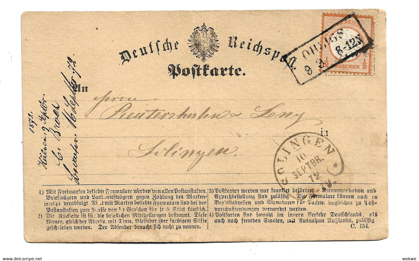 Brs257 / DEUTSCHES REICH - Mi.Nr. 18 Ex Oligs  1872 Mit Ankunft Solingen (Nur Geleegentlich Dafür Verwendet) - Briefe U. Dokumente