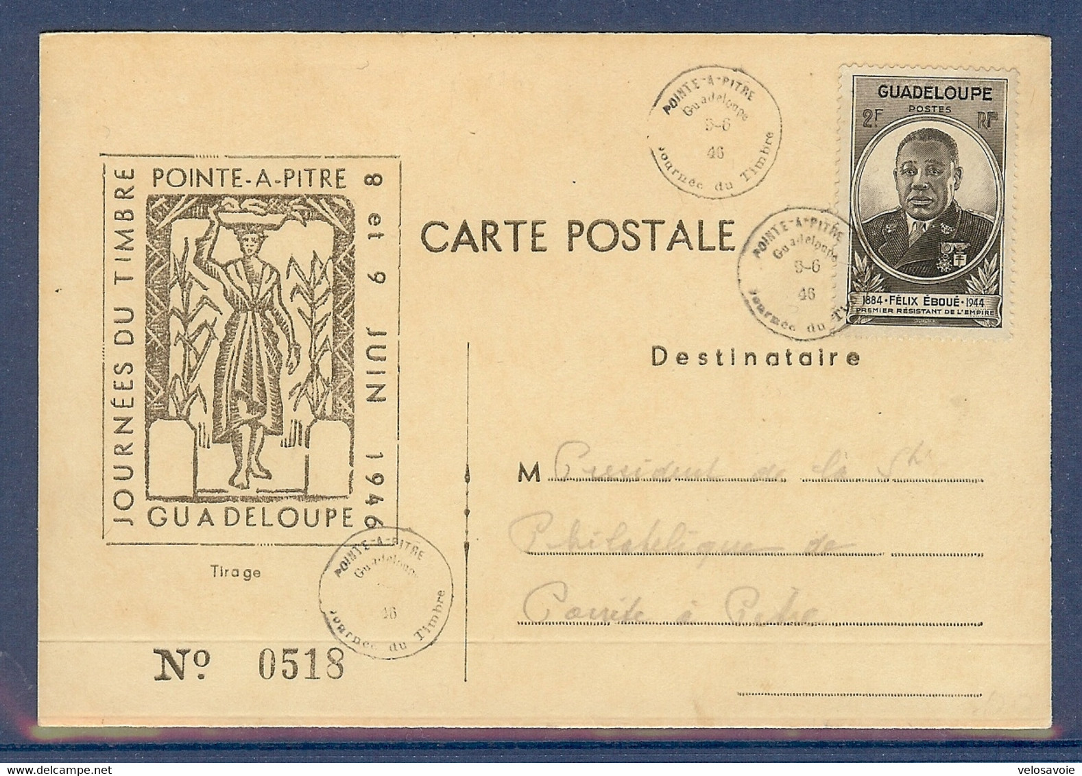 GUADELOUPE CARTE DE LA JOURNEE DU TIMBRE DE 1946 - Lettres & Documents