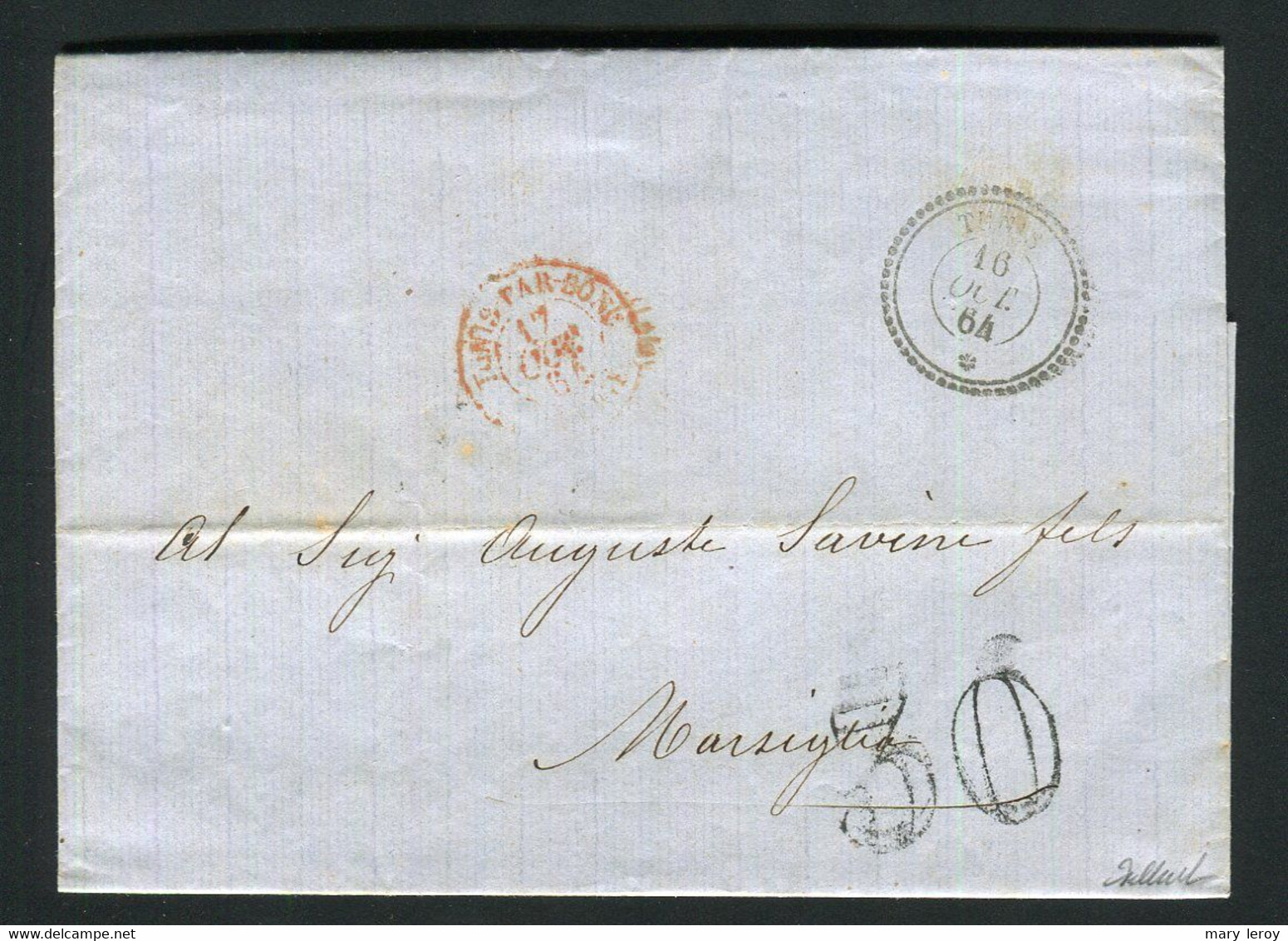 Rare Lettre Du Bureau Français De Tunis Pour Marseille ( 1864 ) - Taxe 30 - Cachet Maritime Rouge Tunis Par Bône Algérie - 1849-1876: Klassik