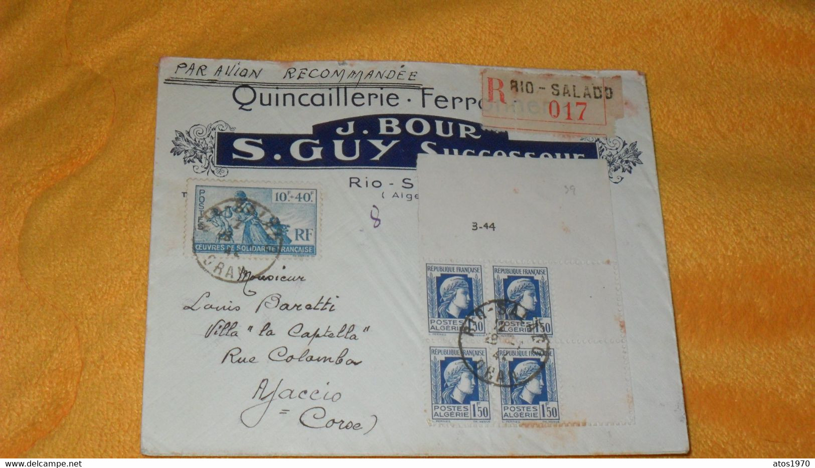 ENVELOPPE ANCIENNE DE 1944.../ J. BOUR S. GUY QUINCAILLERIE RIO SALADO..R 017 POUR AJACCIO CORSE + CACHETS + TIMBRES X5 - Lettres & Documents
