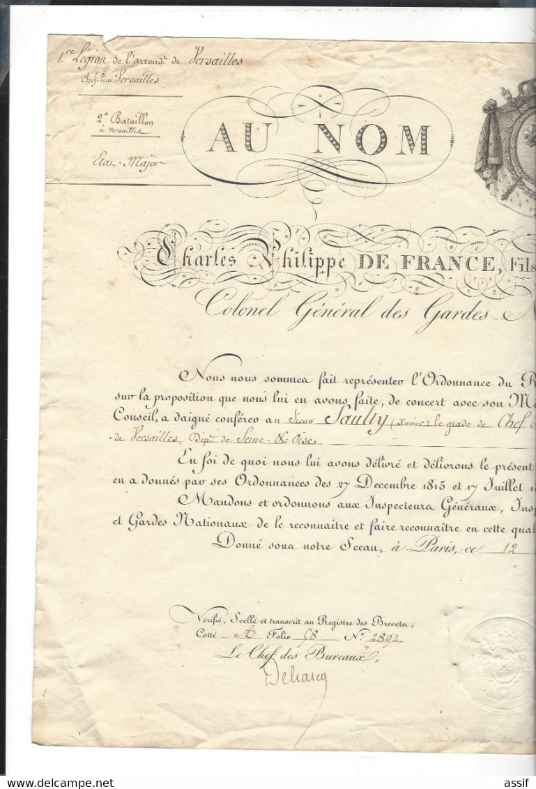 Charles Philippe , Comte D'Artois ( Futur Charles X)  Brevet  Xavier Saulty  1817 Versailles Sign. + Baron De Kentzinger - Historical Documents