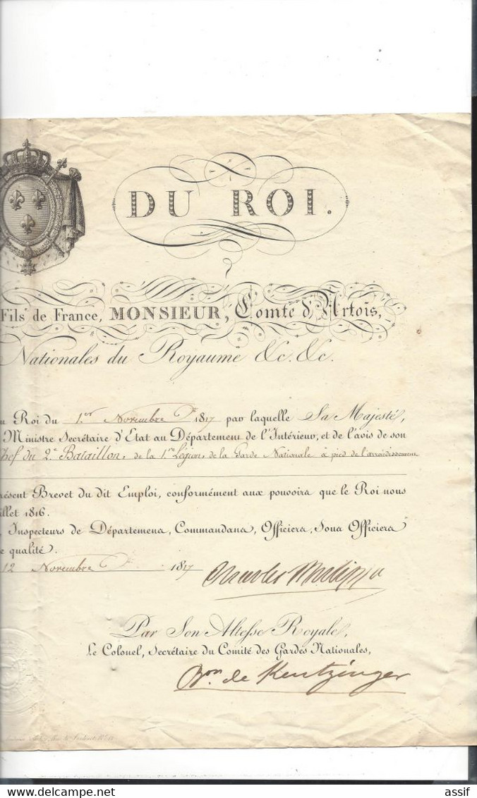 Charles Philippe , Comte D'Artois ( Futur Charles X)  Brevet  Xavier Saulty  1817 Versailles Sign. + Baron De Kentzinger - Historical Documents