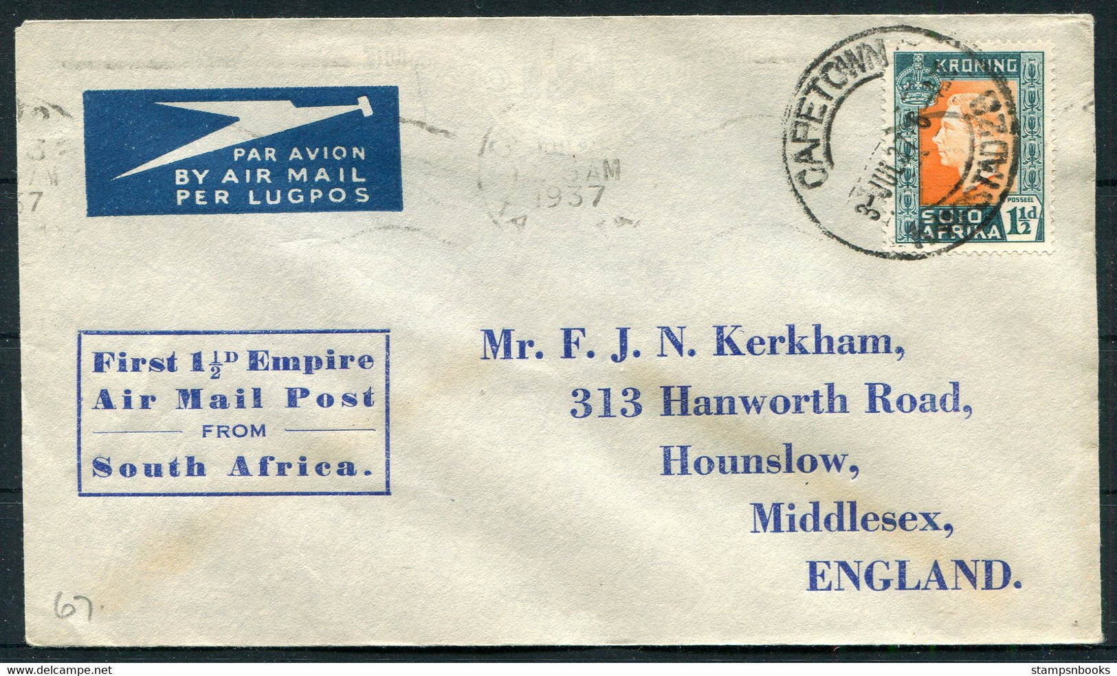1937 South Africa First Flat Rate Empire Air Mail Post Rate Flight EAMS Cover. Capetown - England - Airmail
