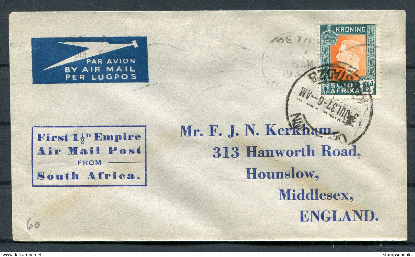 1937 South Africa First Flat Rate Empire Air Mail Post Rate Flight EAMS Cover. Capetown - England - Luchtpost