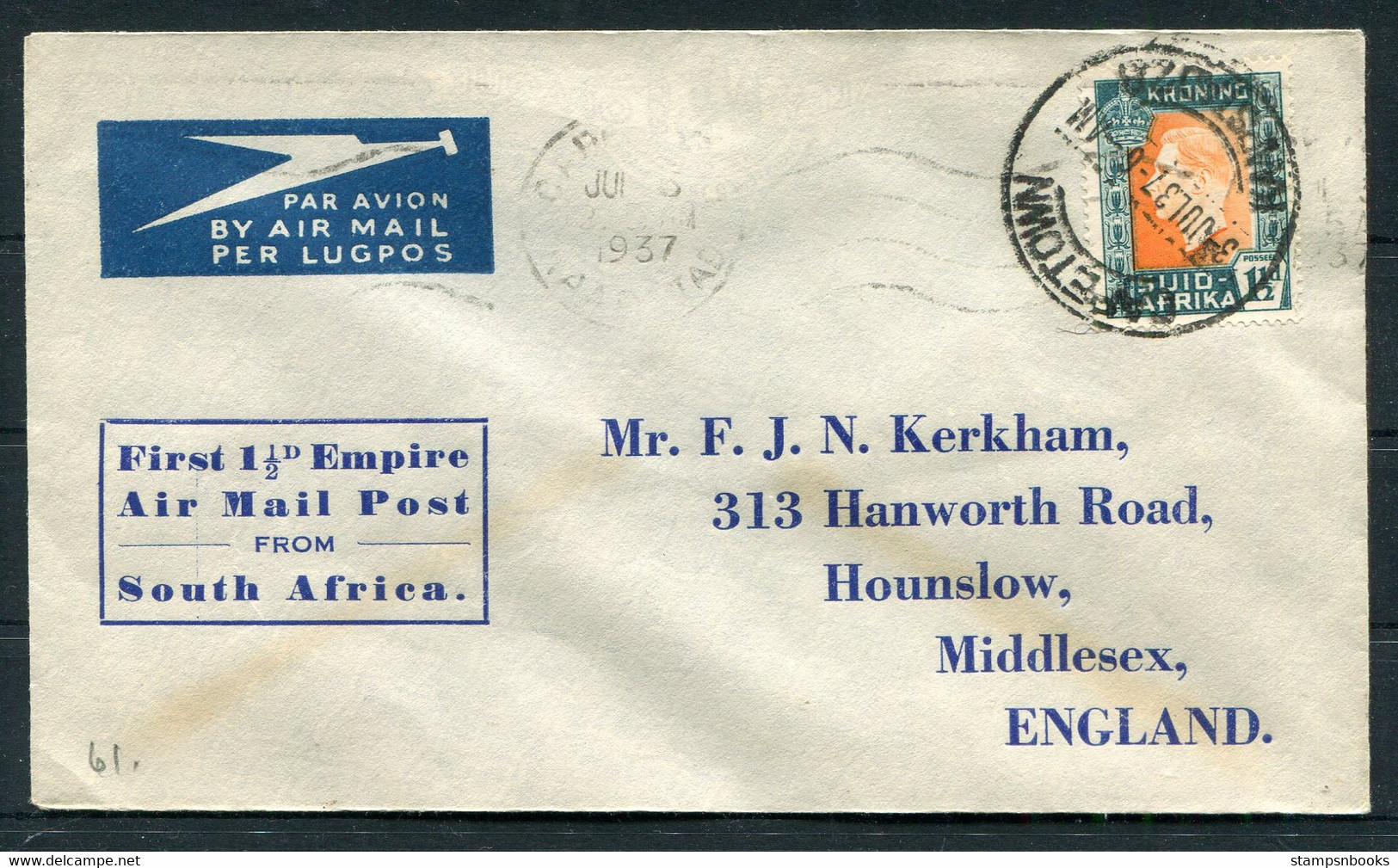 1937 South Africa First Flat Rate Empire Air Mail Post Rate Flight EAMS Cover. Capetown - England - Airmail