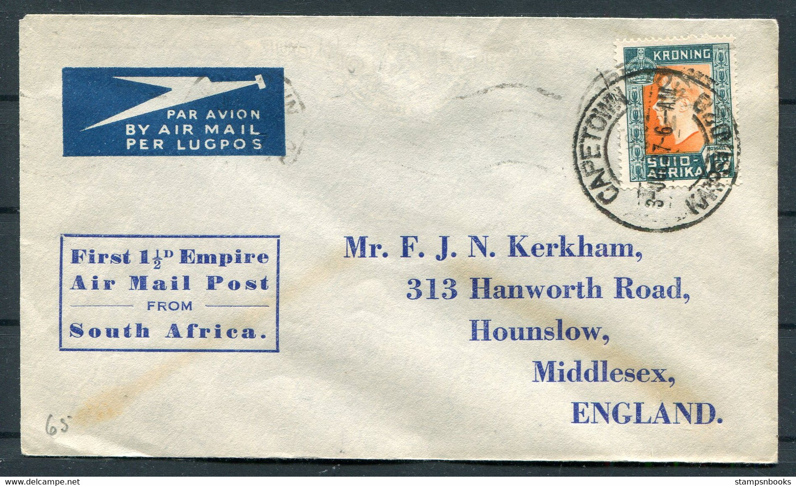 1937 South Africa First Flat Rate Empire Air Mail Post Rate Flight EAMS Cover. Capetown - England - Airmail