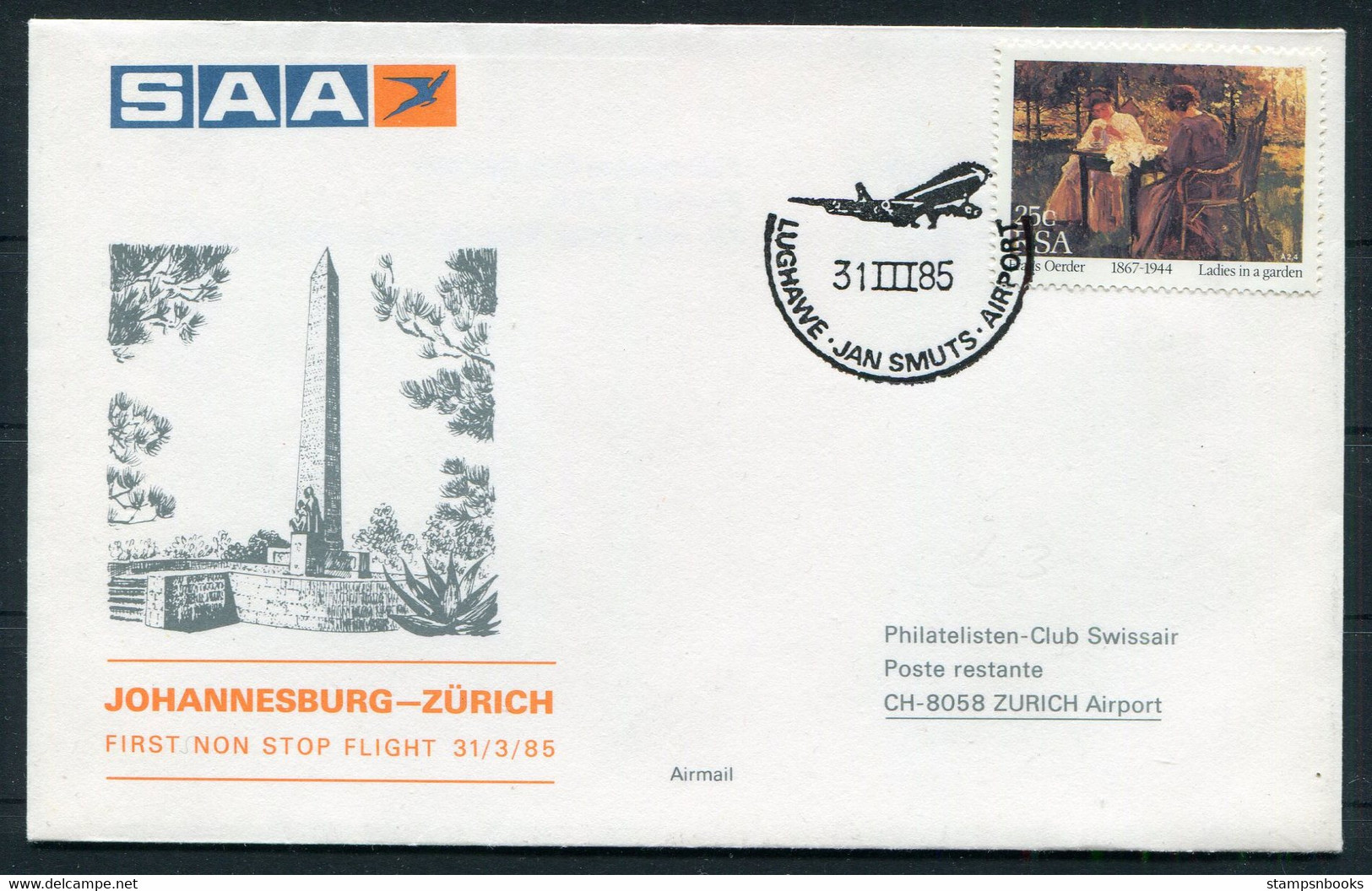 1985 South Africa / Switzerland SAA First Flight Cover Johannesburg - Zurich - Posta Aerea