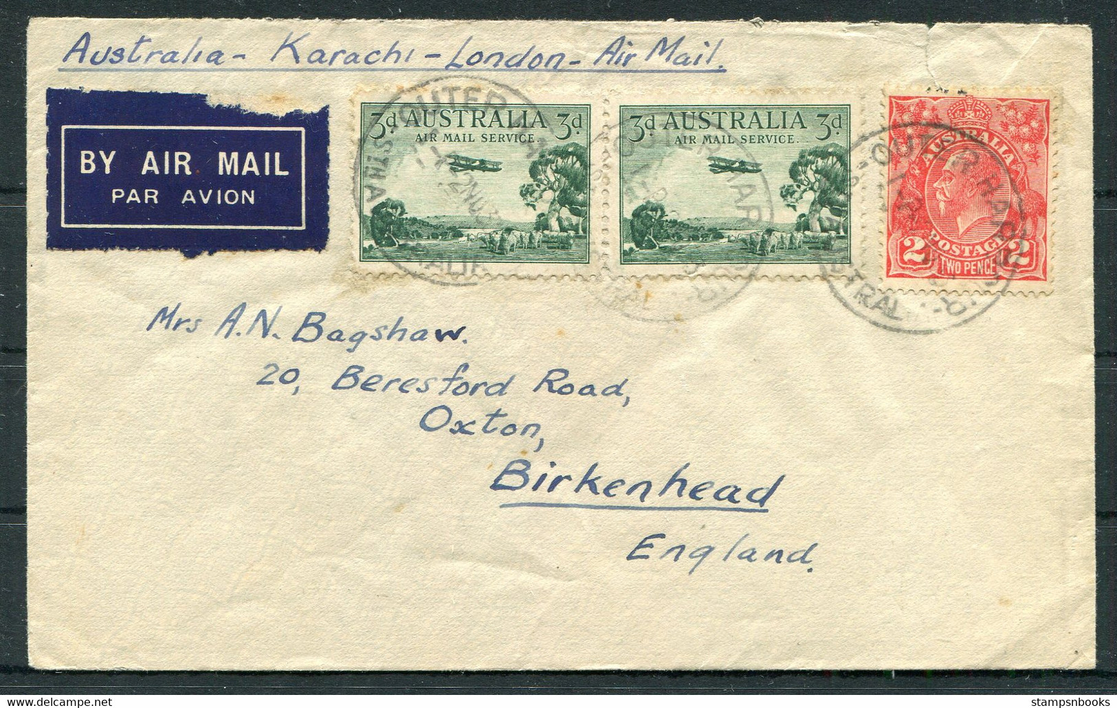 1930s Airmail Outer Harbour, South Australia - Birkenhead England Via Karachi. Blue Funnel Line Cover - Storia Postale