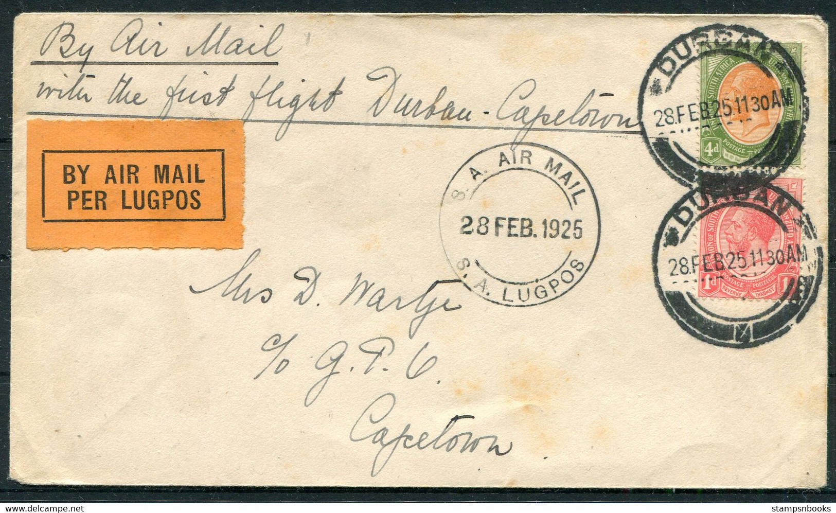 1925 (28th Feb) First Flight Cover Durban - Capetown. Airmail Lugpos - Posta Aerea