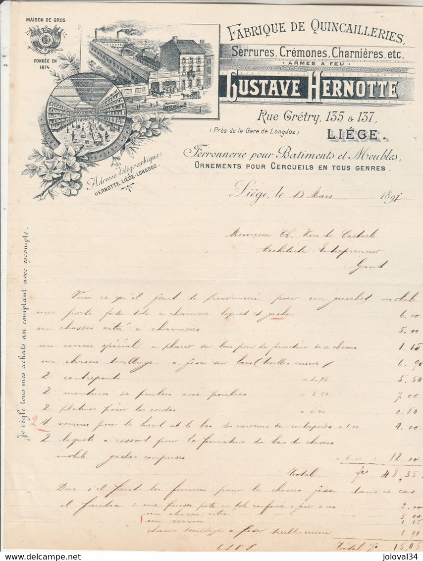 Lettre Illustrée Devis 13/3/1897 Gustave HERNOTTE Quincaillerie Serrures Crémones  Armes à Feu LIEGE Belgique - 1800 – 1899