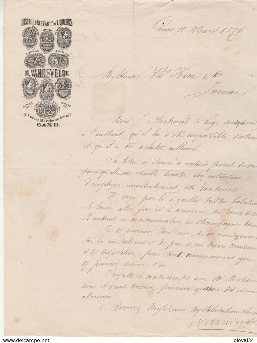 Lettre Illustrée 10/3/1876 N VANDEVELDE Distillerie Liqueurs GAND Belgique - 1800 – 1899