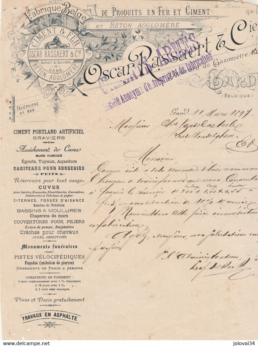 Lettre Illustrée 11/3/1897 Ciments Armés Ex OSCAR RASSAERT Pistes Vélocipèdiques Abreuvoirs GAND Belgique - 1800 – 1899