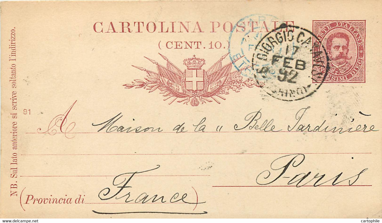 Entier Postal De 1892 De San Giorgio Canavese Pour Paris - Postwaardestukken