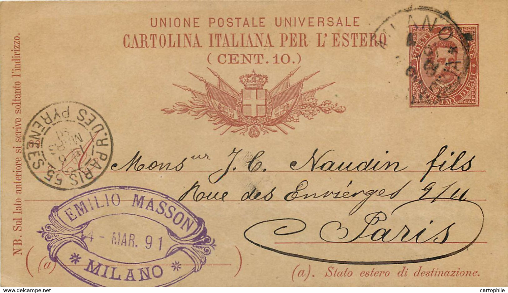 Entier Postal De 1891 De Emilio Masson Milano Pour Paris - Entiers Postaux