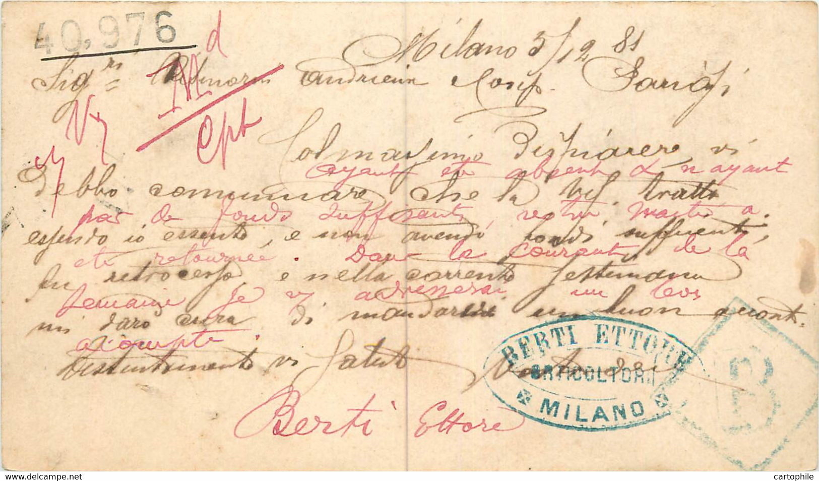 Entier Postal De 1881 De Berti Ettore De Milano Pour Paris - Entiers Postaux