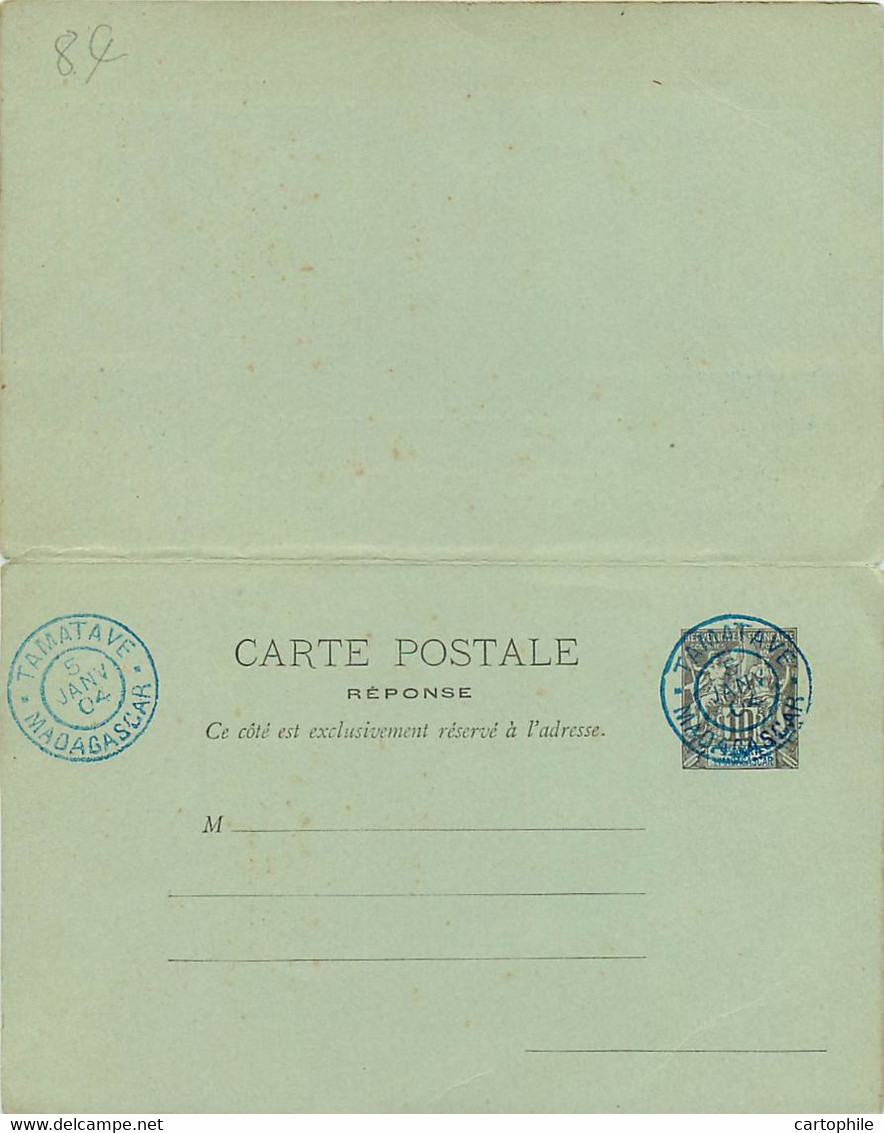 Entier Postal Complet Avec Carte Réponse De Ste Marie De Madagascar 10c Avec Cachet Bleu De Tamatave - Timbre Colonies - Brieven En Documenten