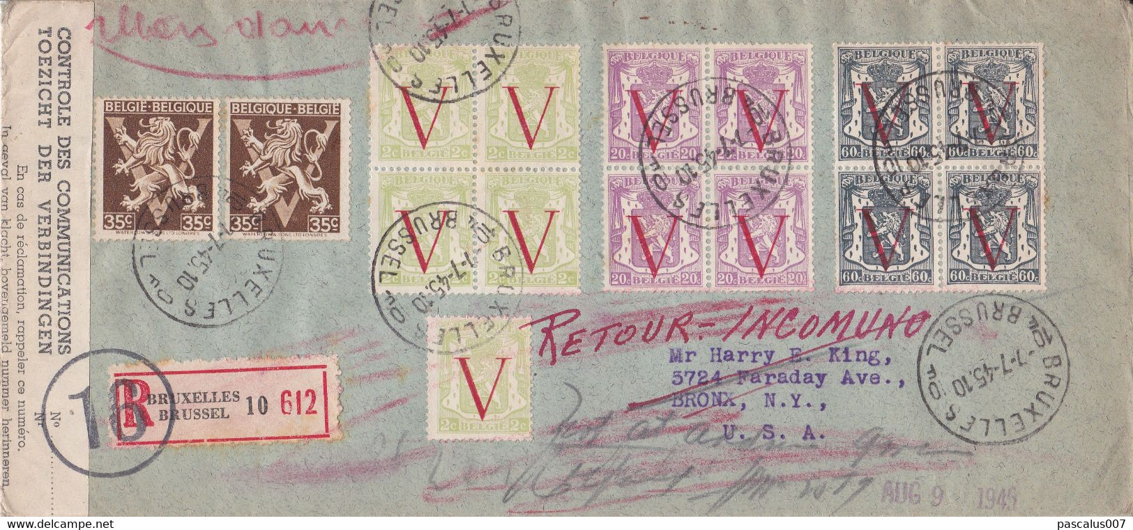 B01-237 Belgique Enveloppe Recommandé 612 Retour Contrôle Bloc De 4 X 670 672 673 + 670 + 2 X674A 07-07-1945 Bruxelles - ....-1951