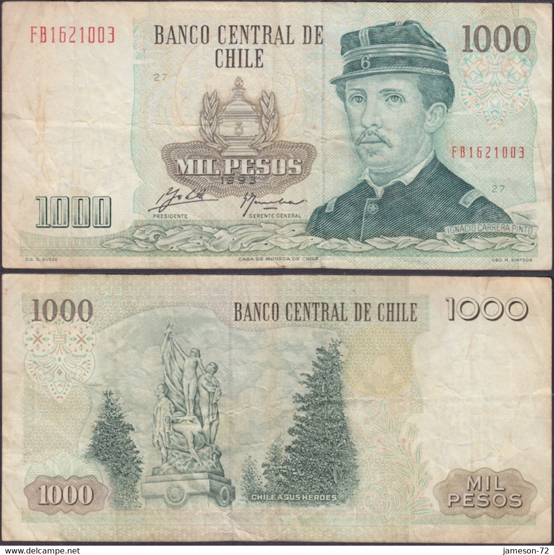 CHILE - 1000 Pesos 1993 P# 154e America Banknote - Edelweiss Coins - Cile