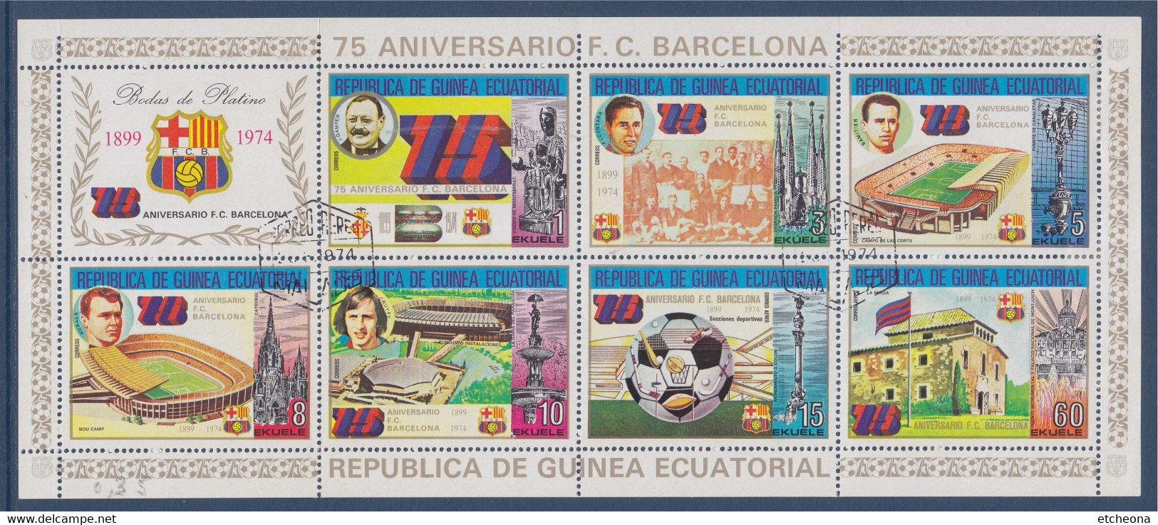 Anniversaire FC Barcelone Bloc 7 Timbres Oblitérés Dentelés 1974 République De Guinée Equatoriale - Usati