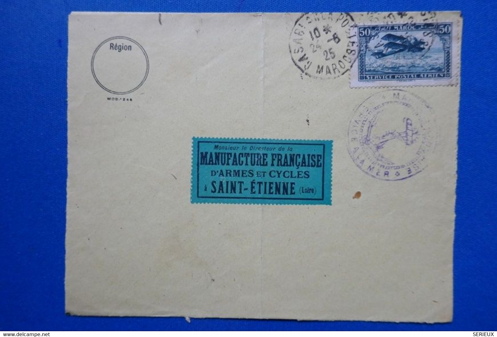 22 MAROC 1925 LETTRE PAR AVION DE CASABLANCA A ST ETIENNE CACHETS BLEUS AVIATION - Storia Postale