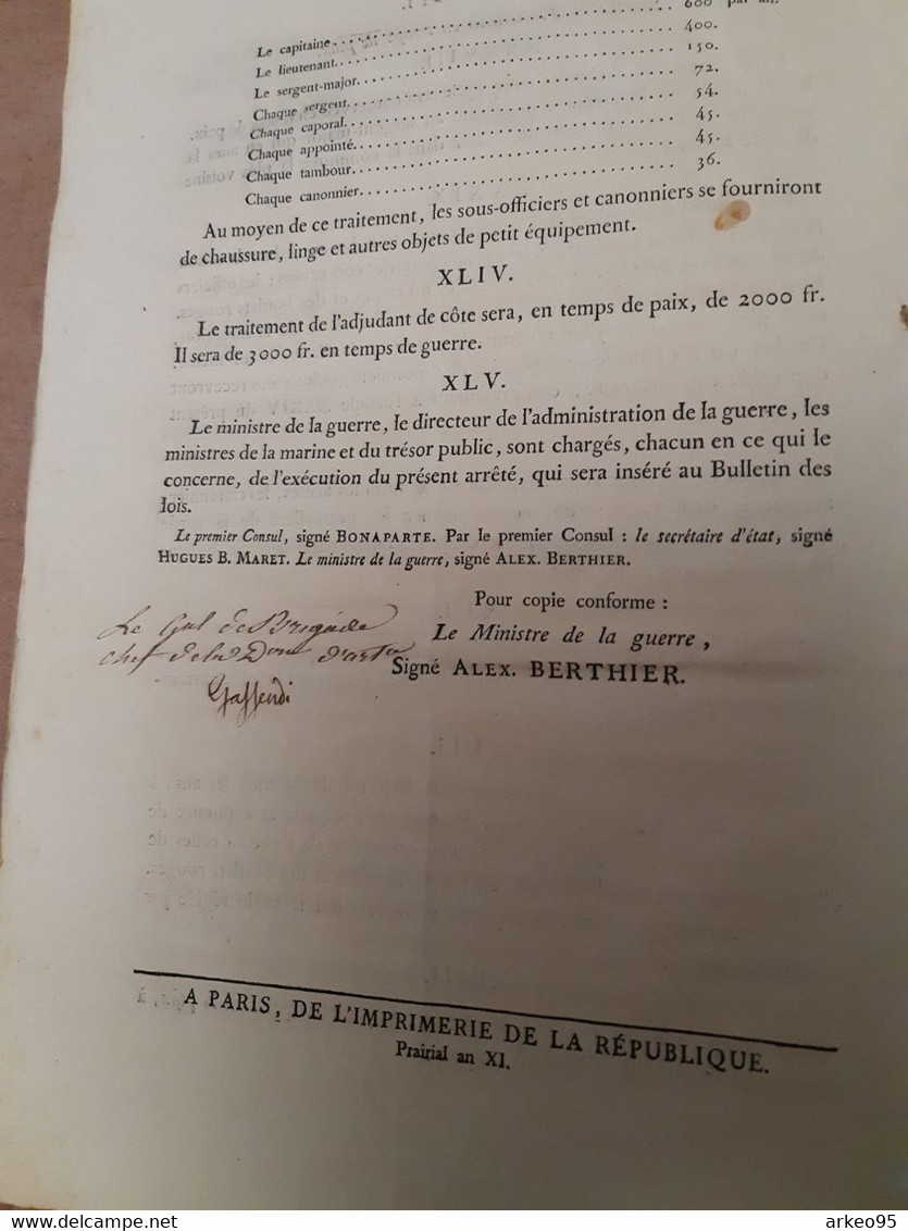 Arrêté Du 8 Prairial An XI Sur L'organisation Des Canonniers Garde-côtes Signé Du Général Gassendi - Historical Documents
