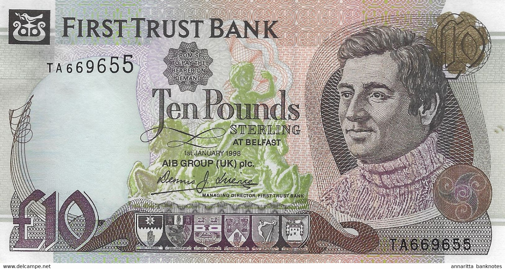 Northern Ireland (FTB) 10 Pounds 1998 First Trust Bank AU/UNC Cat No. P-136a / IEN805a - 10 Pounds