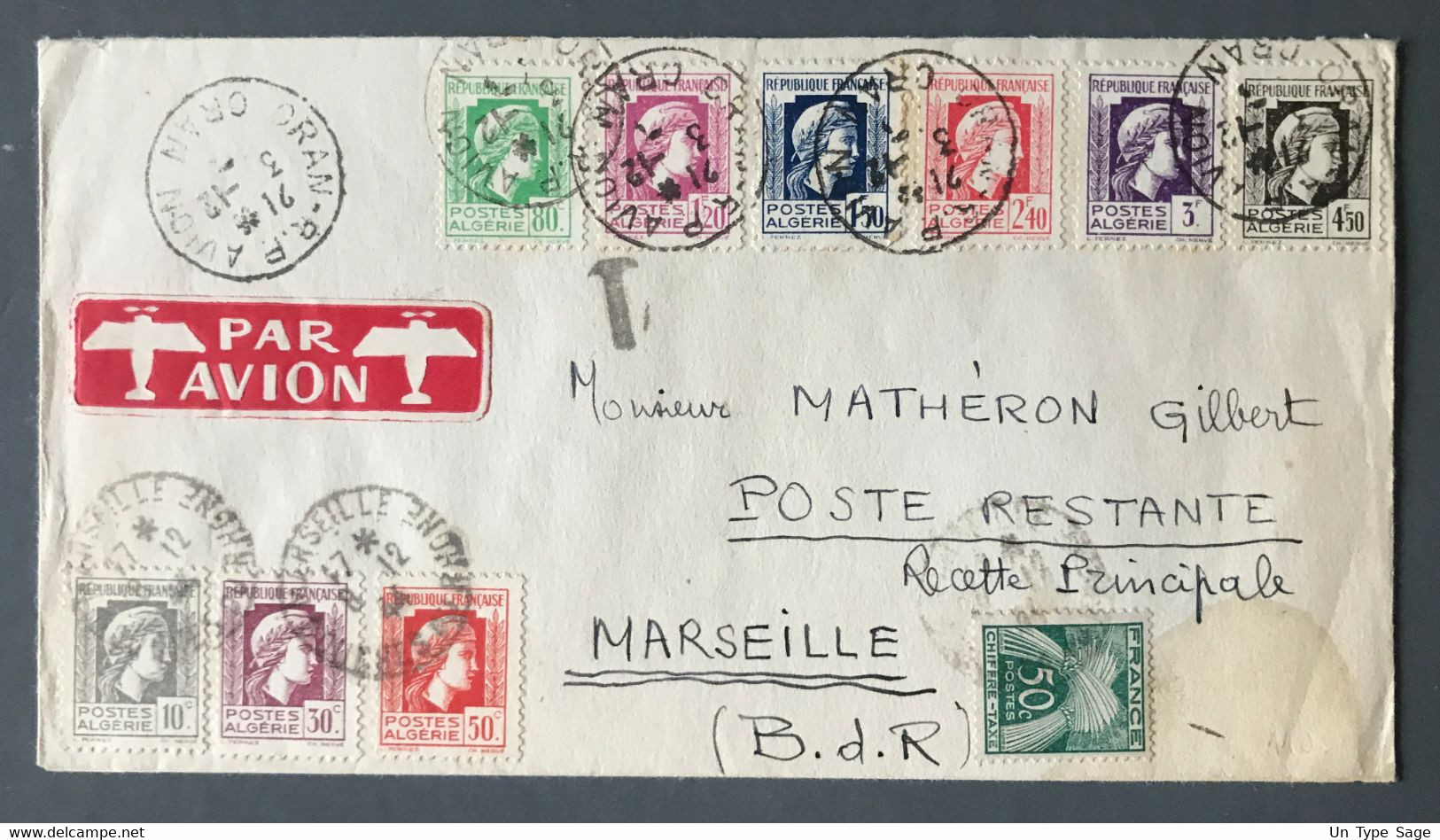 Algérie N°209 à 217 (La Série Marianne Complète) Sur Enveloppe D'Oran Pour Marseille, Taxée N°69 - (C1064) - Covers & Documents