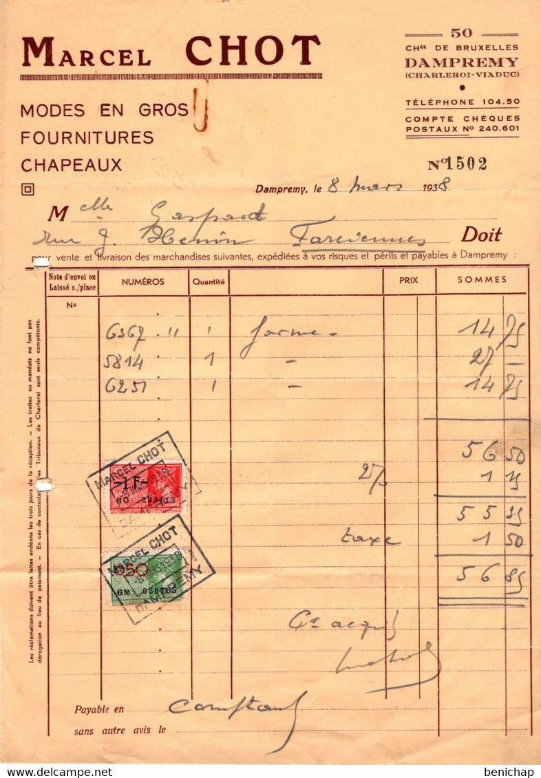 Modes En Gros - Fournitures Chapeaux - Marcel Chot - Dampremy 1938. - Vestiario & Tessile