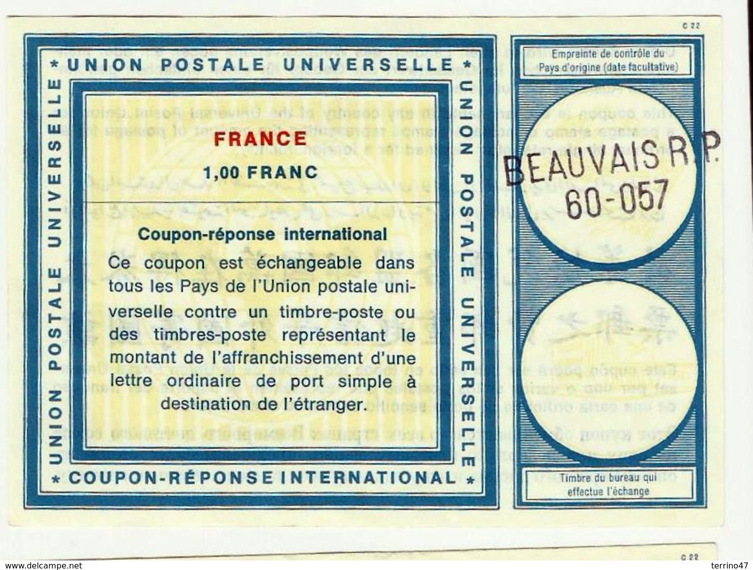 COUPON REPONSE INTERNATIONAL à 1.00F Franc  Beauvais - Reply Coupons