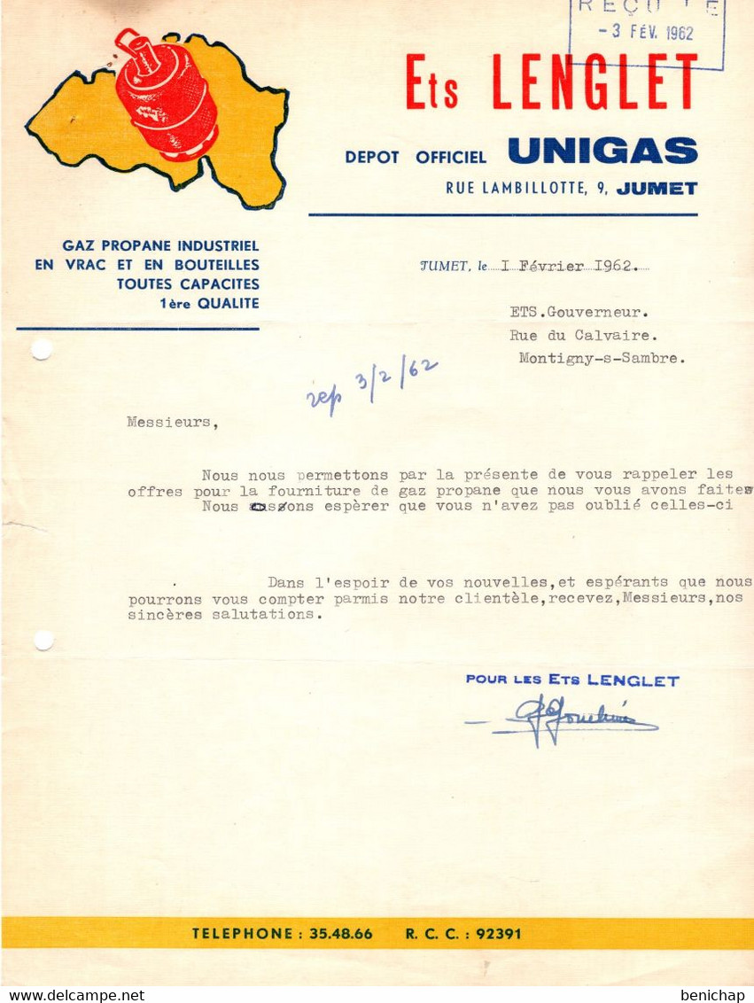 Ets. Lenglet - Depot Officiel UNIGAS - Gaz - Propane Industrielle - Jumet  Février 1962. - Elektriciteit En Gas