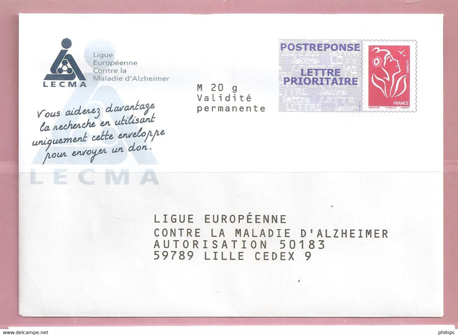 France, Prêt à Poster Réponse, Postréponse, 3734A, Lecma, Ligue Euro Contre La Maladie D'Alzheimer, Marianne De Lamouche - PAP: Antwort/Lamouche