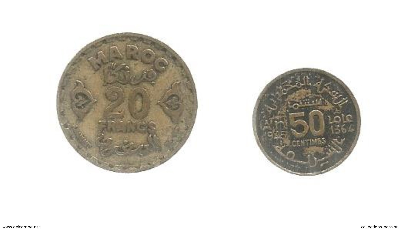 Monnaie , Maroc , 50 Centimes 1945/1364 , 20 Francs 1371 ,2 Scans , LOT DE 2 MONNAIES - Marokko