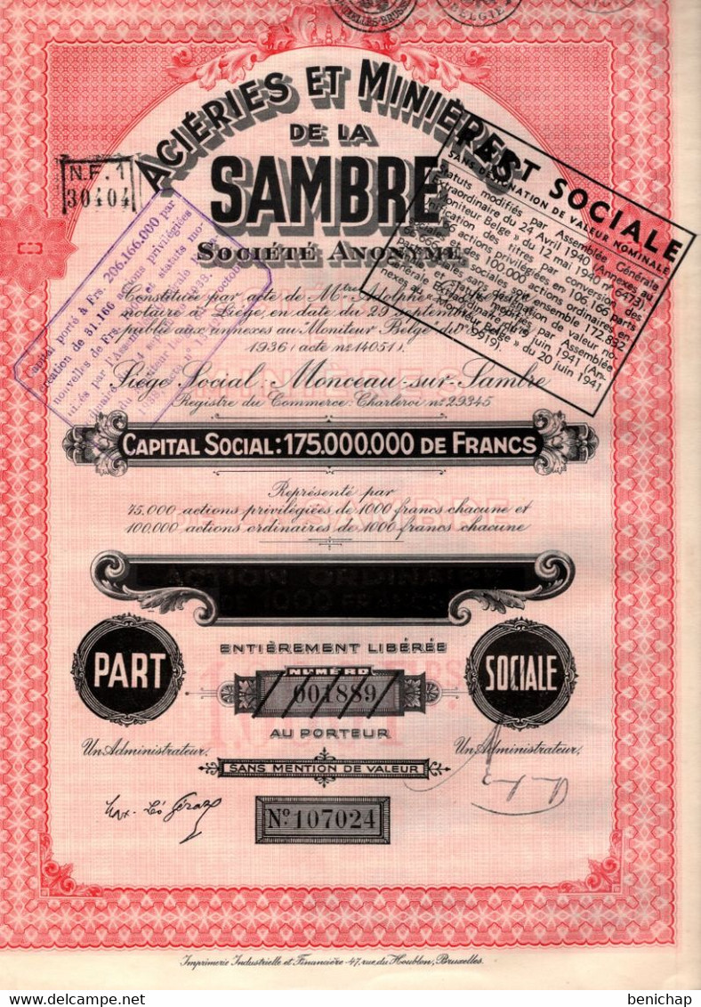 Action Ordinaire De 1000 Frcs Au Porteur - Acièries Et Minières De La Sambre S.A. - Monceau-sur-Sambre 1936. - Industrie