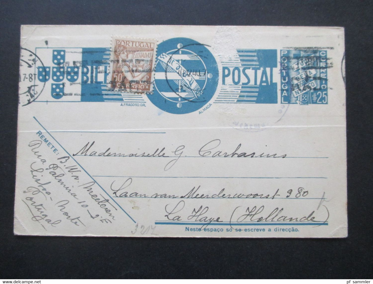 Portugal 1940 Ganzsache P 83 Mit Zusatzfrankatur Nach Holland Mit Zensur Der Wehrmacht - Postal Stationery