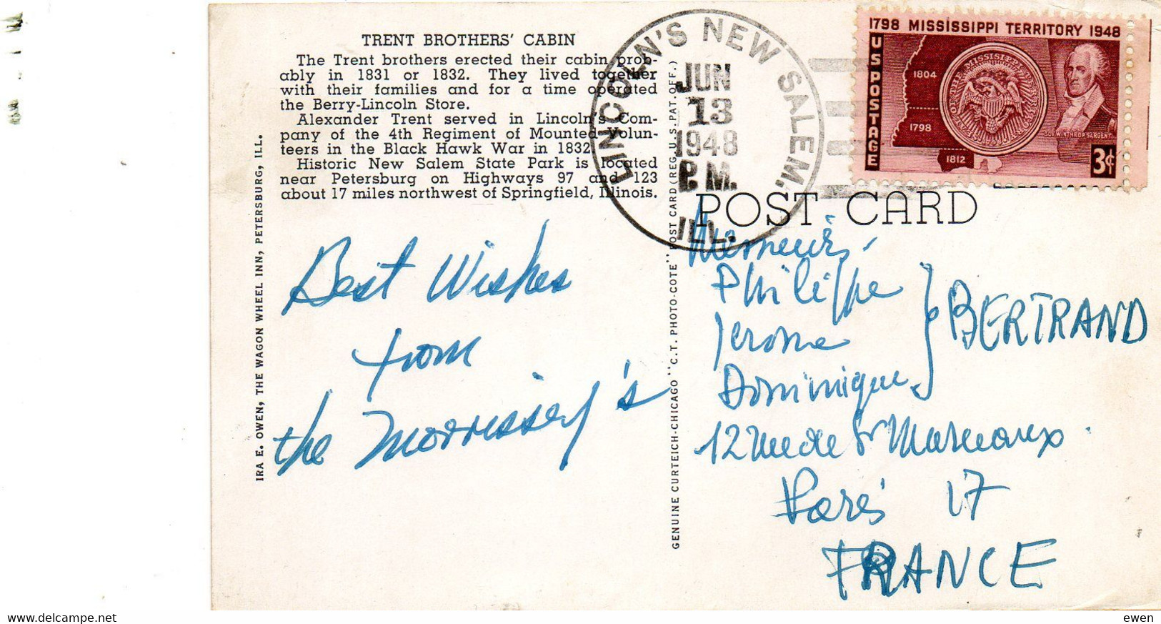 Timbre USA Mississippi Territory 1948 3c Sur Carte Postale Pour La France - Brieven En Documenten