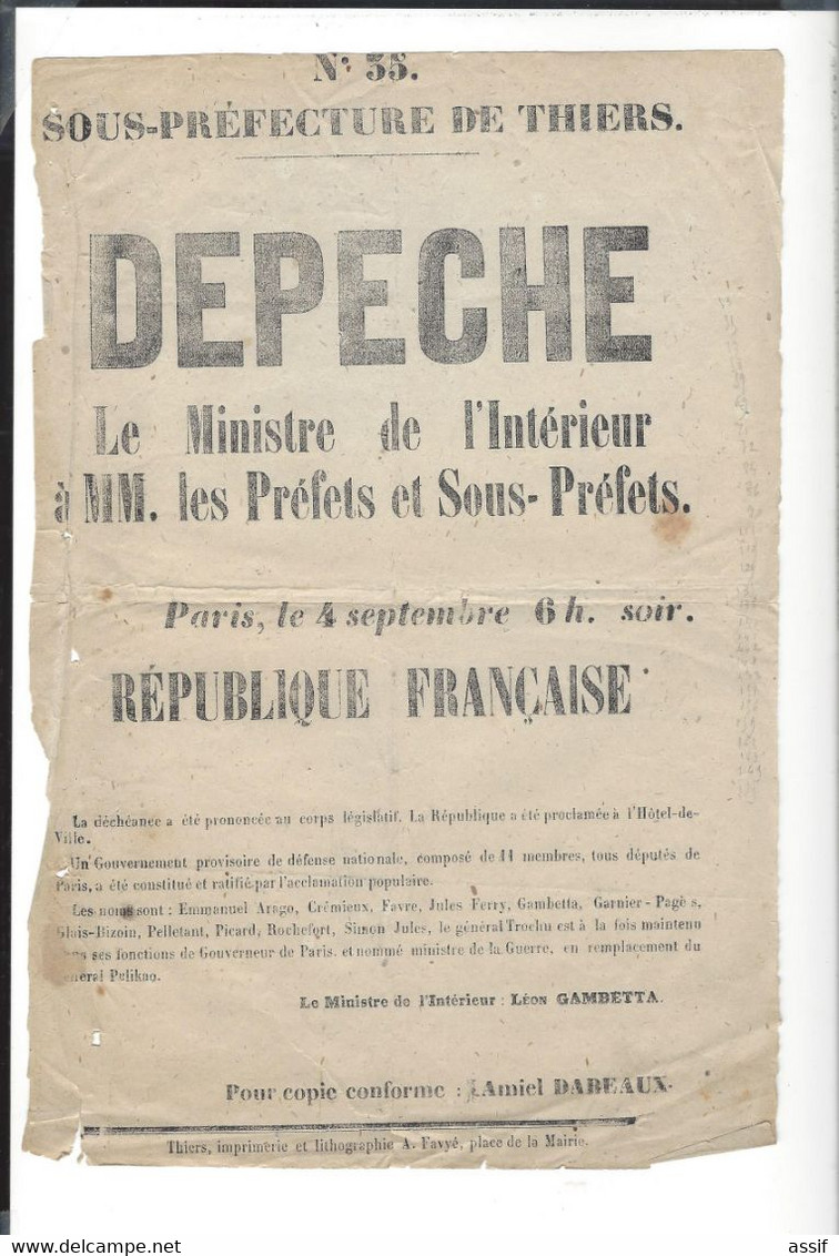 4 Septembre 1870 - Dépêche  Ministre De L'intérieur Léon Gambetta . Proclamation République  . Sous-Préfecture Thiers - Documents Historiques