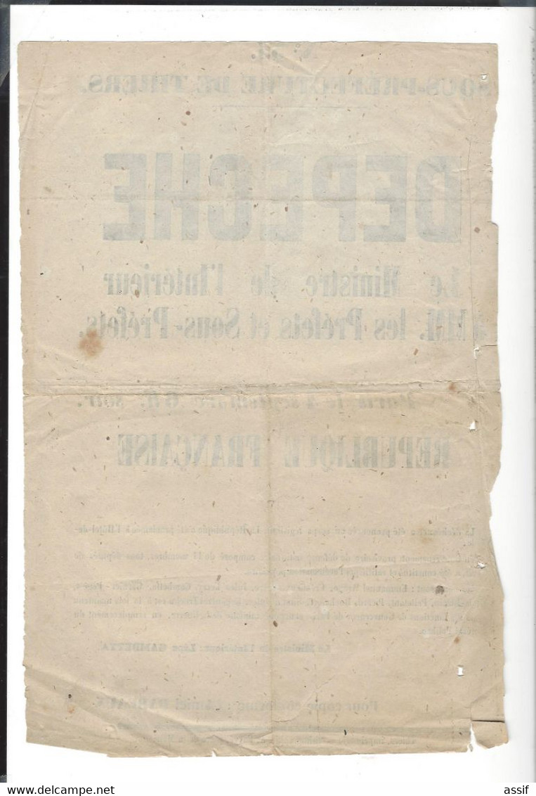 4 Septembre 1870 - Dépêche  Ministre De L'intérieur Léon Gambetta . Proclamation République  . Sous-Préfecture Thiers - Documents Historiques